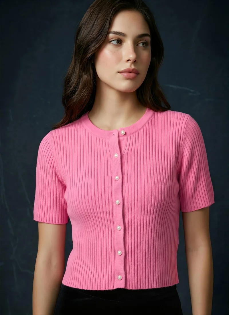جلو باص Globus Women Pink V-Neck Short Sleeves Self Design Top
